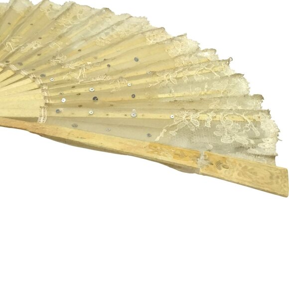 ANTIQUE Women Lace Folding Fan Sequins Embroidered Tulle Wooden Frame Repairable - Picture 10 of 11